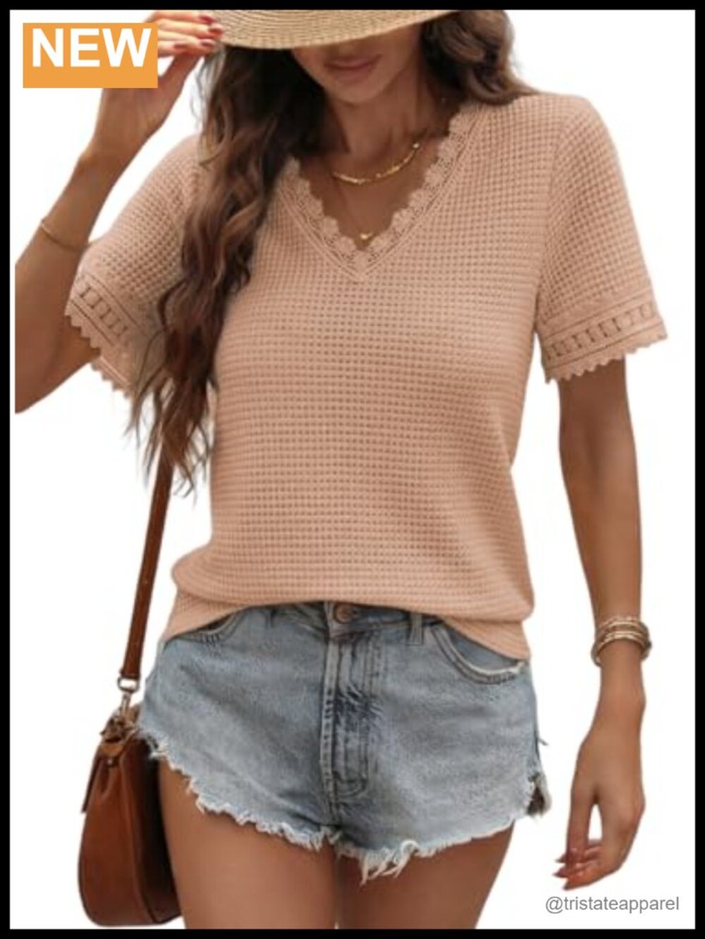 Waffle Knit Lace Patchwork V-Neck Short Sleeve Loose Tunic Tee